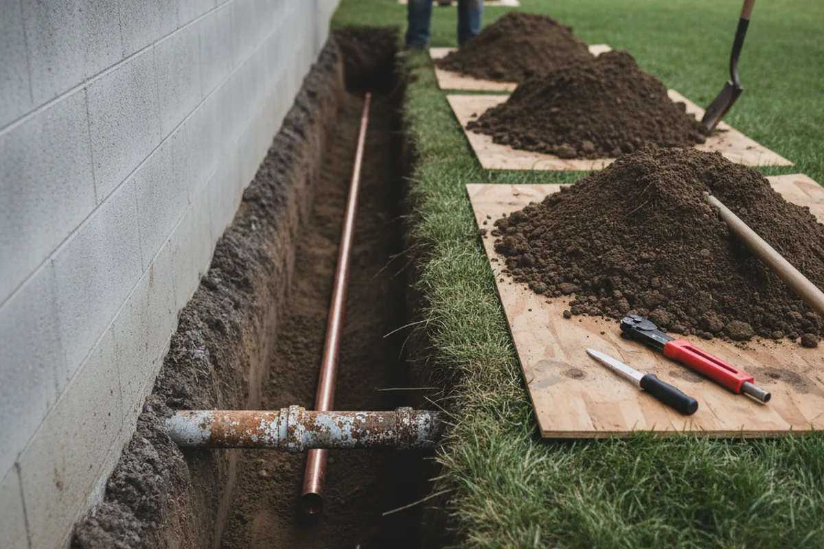 Excavated water line trench during Sewer Line Repair in Old Forge
